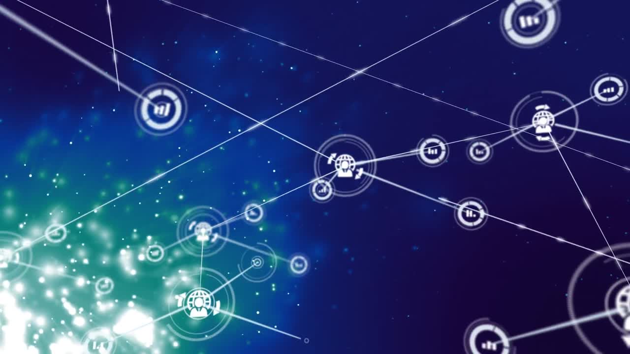 Animation of network of connections of user icons on green and blue background