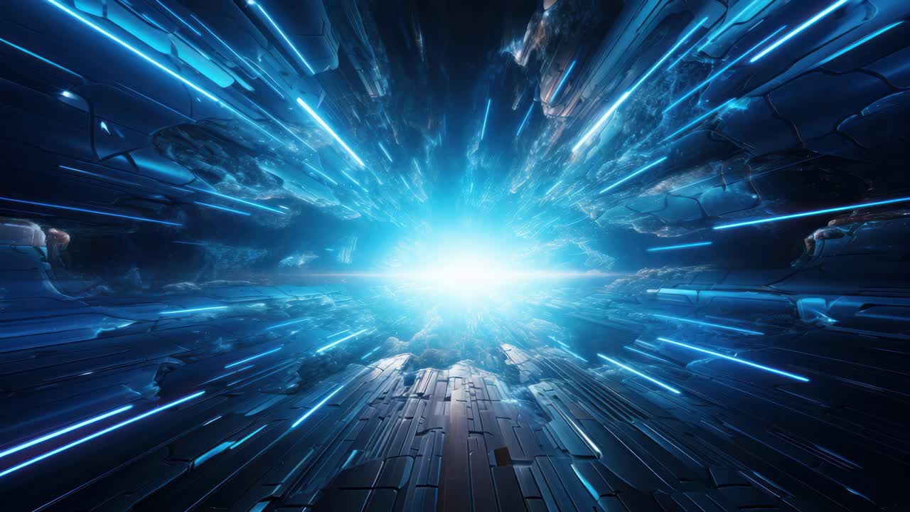 Futuristic video concept with a dynamic, low-angle view of a glowing blue energy tunnel