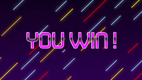 you win! text animation over colorful diagonal lines on dark background