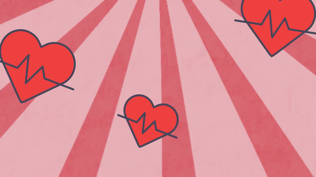 анимация икон сердца с кардиограммой над линиями на красном фоне