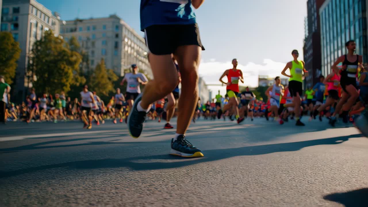 Marathon runners racing along a bustling city street, showcasing their legs and feet in motion as they push forward, embodying the spirit of competition and athleticism