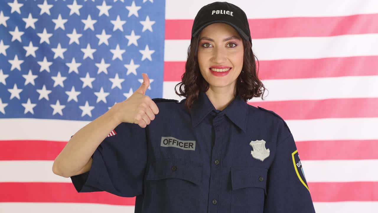 Smiling Police Officer with American Flag Background
