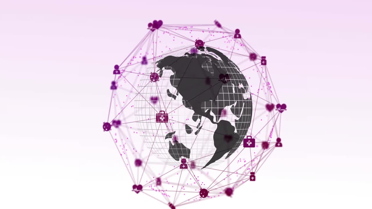 Digital composite video of web of connections with icons forming a globe against white background