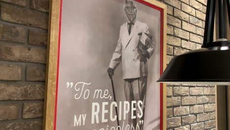 colonel sanders pictures on the brick wall. founder chicken restaurant chain kentucky fried chicken. to me, my recipes are priceless. framed black and white photography.