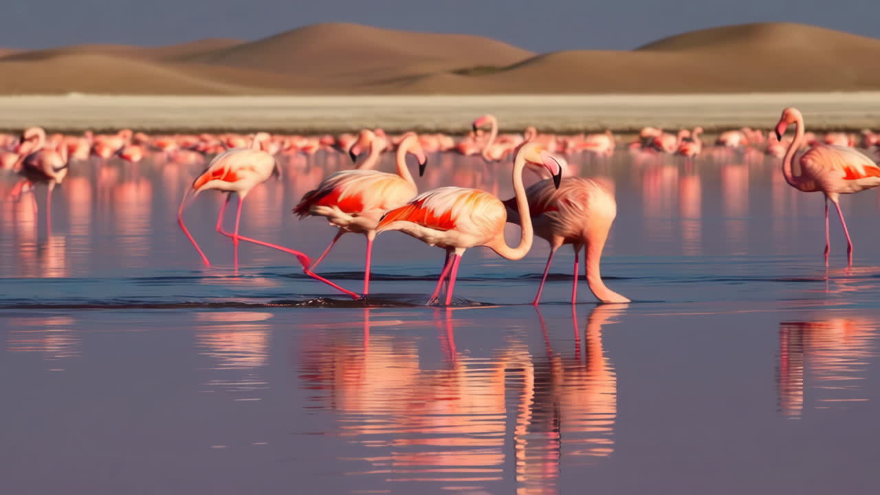 A Flock of Pink Flamingos in a Desert Lake