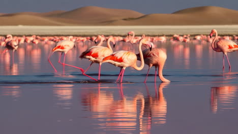 a flock of pink flamingos in a desert lake
