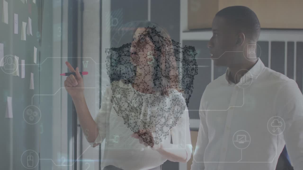 Animation of data processing with shield icon over diverse business people in office