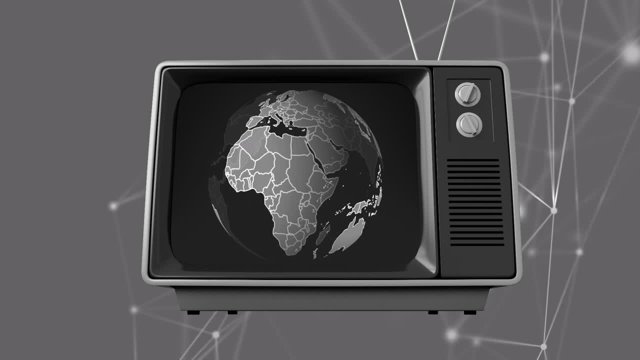 연결의 애니메이션, 빈티지 tv와 회색 배경에 지구