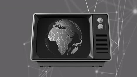 animación de conexiones, televisión antigua y globo sobre fondo gris
