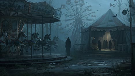 A hauntingly desolate scene at an abandoned carnival, featuring a broken carousel, eerie ferris wheel, and shadowy figures lurking near a tattered tent, evoking feelings of nostalgia and dread