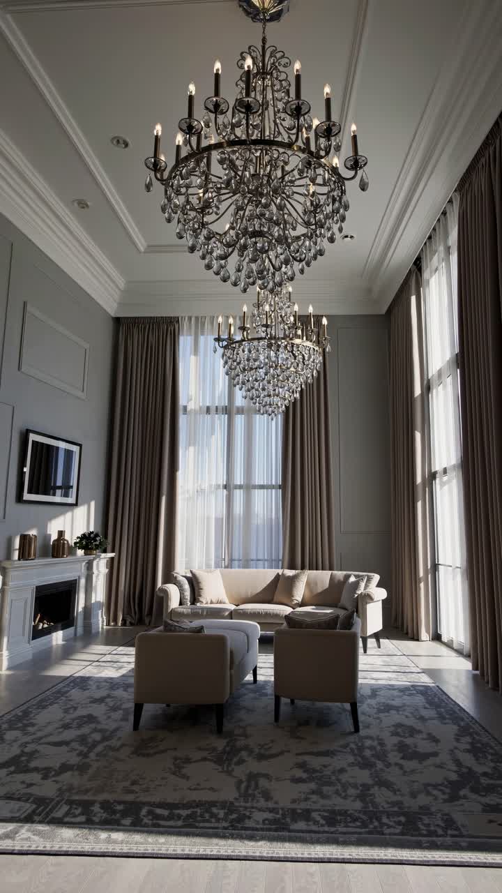 Elegant living room with high ceilings, chandeliers, and large windows