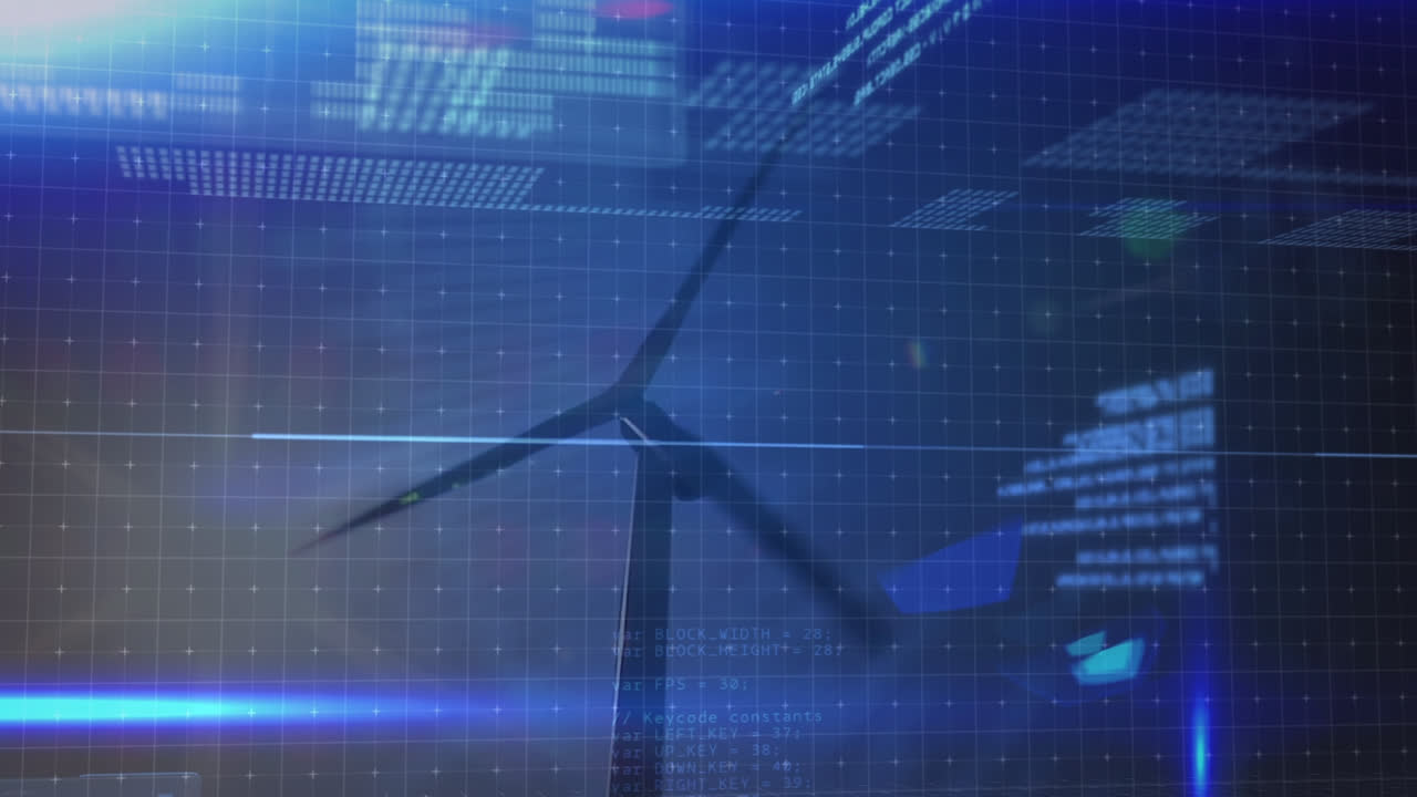 데이터 처리 및 풍력 터빈과 구름이있는 하늘 위의 빛 트레일의 애니메이션