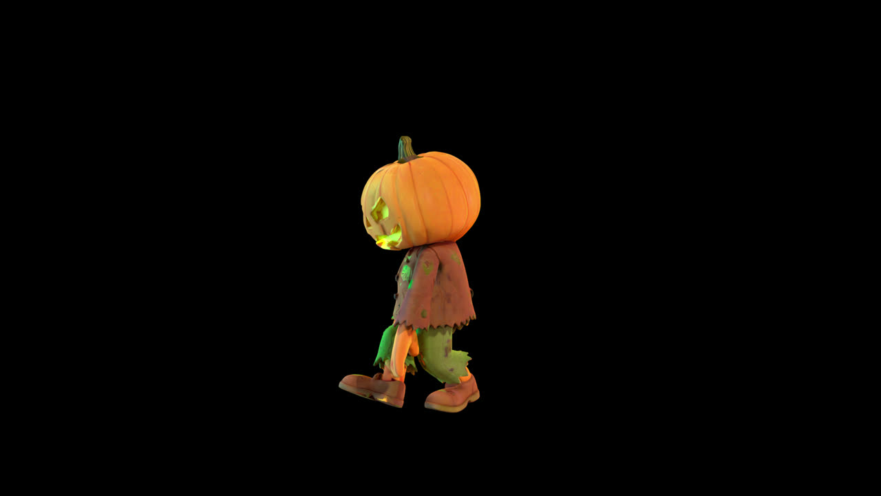 Personaggio animato con testa di zucca di Halloween che posa e si muove