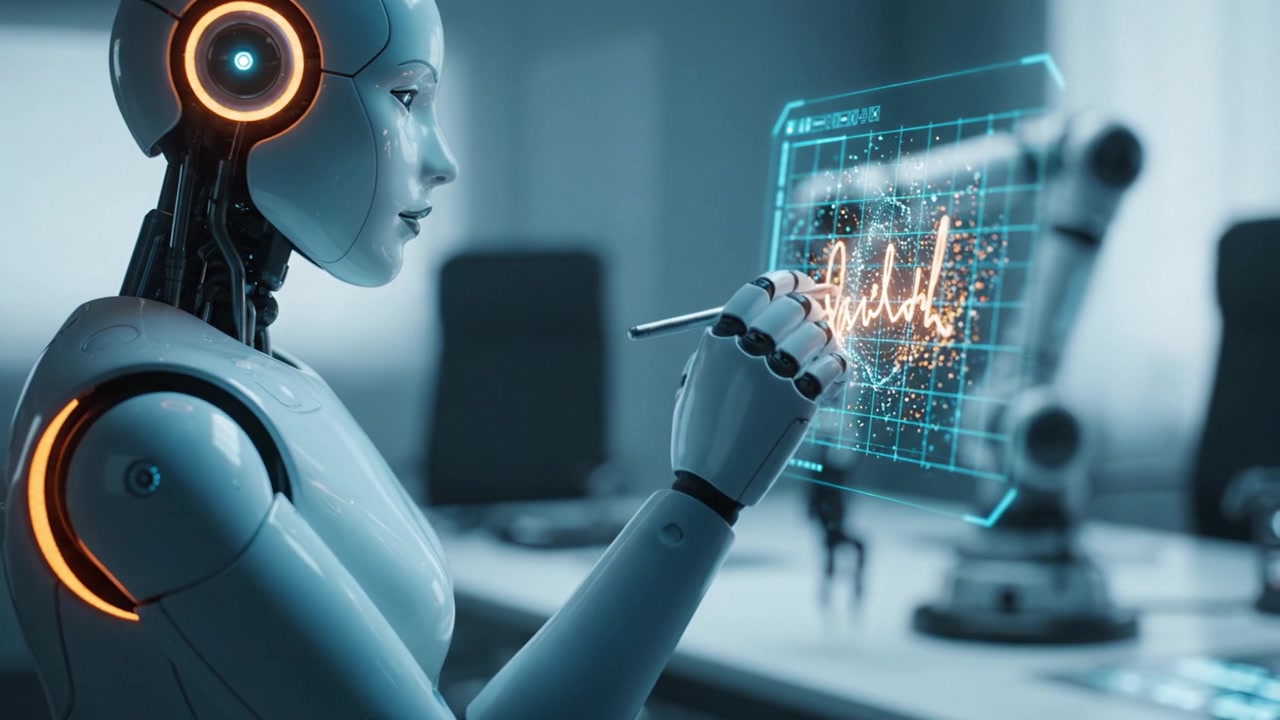 An advanced humanoid robot interacts with a futuristic holographic display, showcasing data visualization and digital engagement in a modern workspace setting.