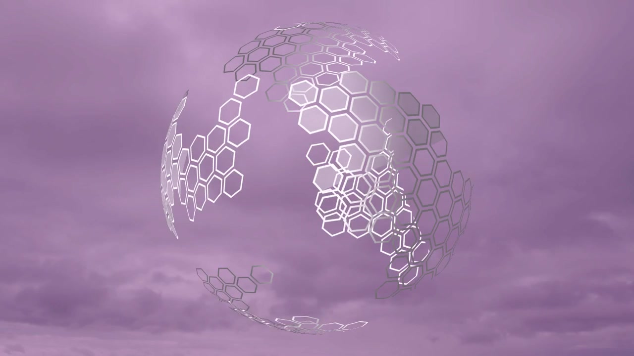 Globo esagonale di vetro che ruota in un cielo viola, con contorni che formano pannelli e frammenti che orbitano per la tecnologia