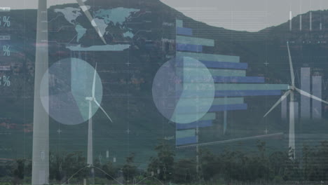 animación del procesamiento de datos estadísticos sobre molinos de viento giratorios en pastizales contra un cielo gris