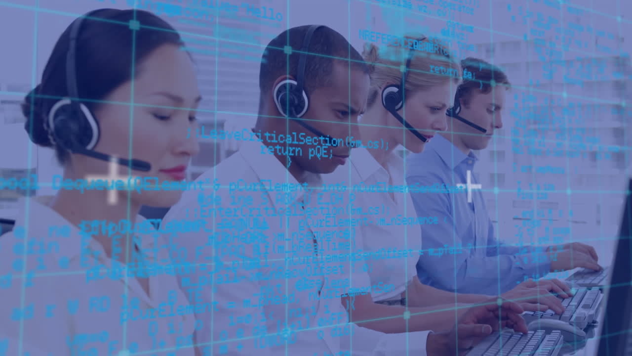 Animation of data processing oper business people using phone headsets