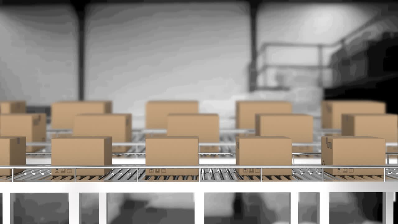 창고에서 컨베이어 벨트에 움직이는 카드보드 상자의 애니메이션