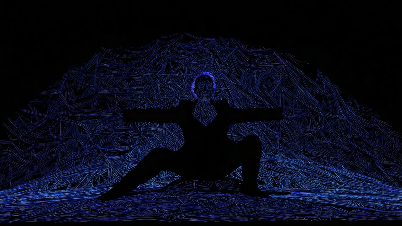 A striking visual performance featuring a lone figure in a sophisticated black suit positioned against a vibrant blue backdrop, exuding an aura of confidence and power through their dynamic pose and striking silhouette