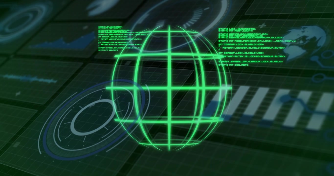 Vid start visas en grön trådramsglob, radar roterar, textblock multipliceras för att visa livedata.