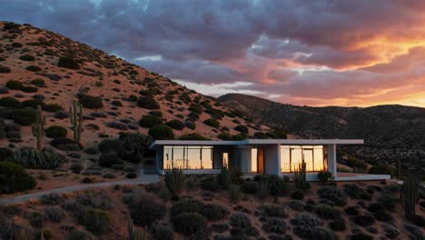 casa moderna en el desierto al atardecer
