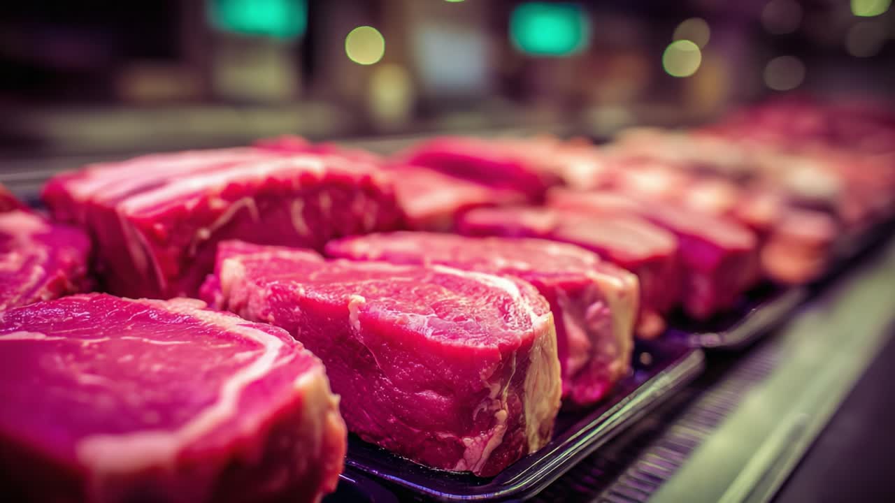 A Close-Up View of Freshly Cut Premium Meats Displayed in a Butcher Shop, Showcasing the Rich Color and Texture of Various Cuts Ready for Sale