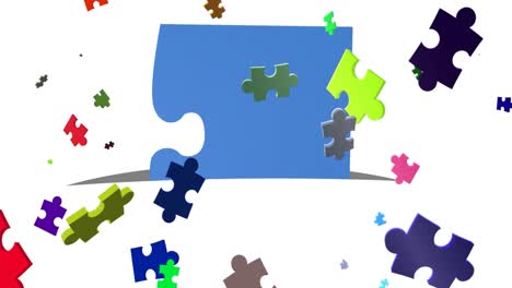 animation of colorful puzzles floating on white background