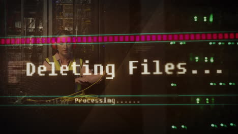 animation of deleting files, processing text over caucasian female technician in server room