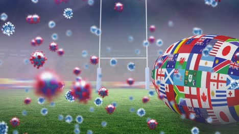 Animation-of-covid-19-cells-over-rugby-ball-formed-with-flags-in-rugby-pitch