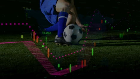 animation of financial data processing over caucasian male football player kicking ball