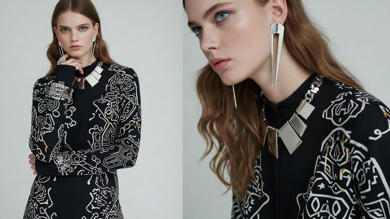 Stylish Model Showcasing Unique Fashion Statement in Elegant Black Attire with Intricate Designs and Statement Accessories