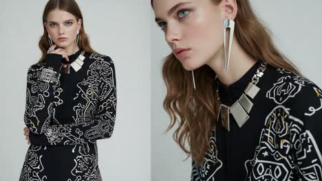 stylish model showcasing unique fashion statement in elegant black attire with intricate designs and statement accessories