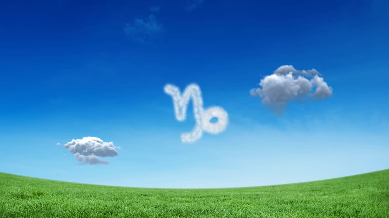 Animation of capricorn star zodiac sign formed with white clouds on blue sky over meadow