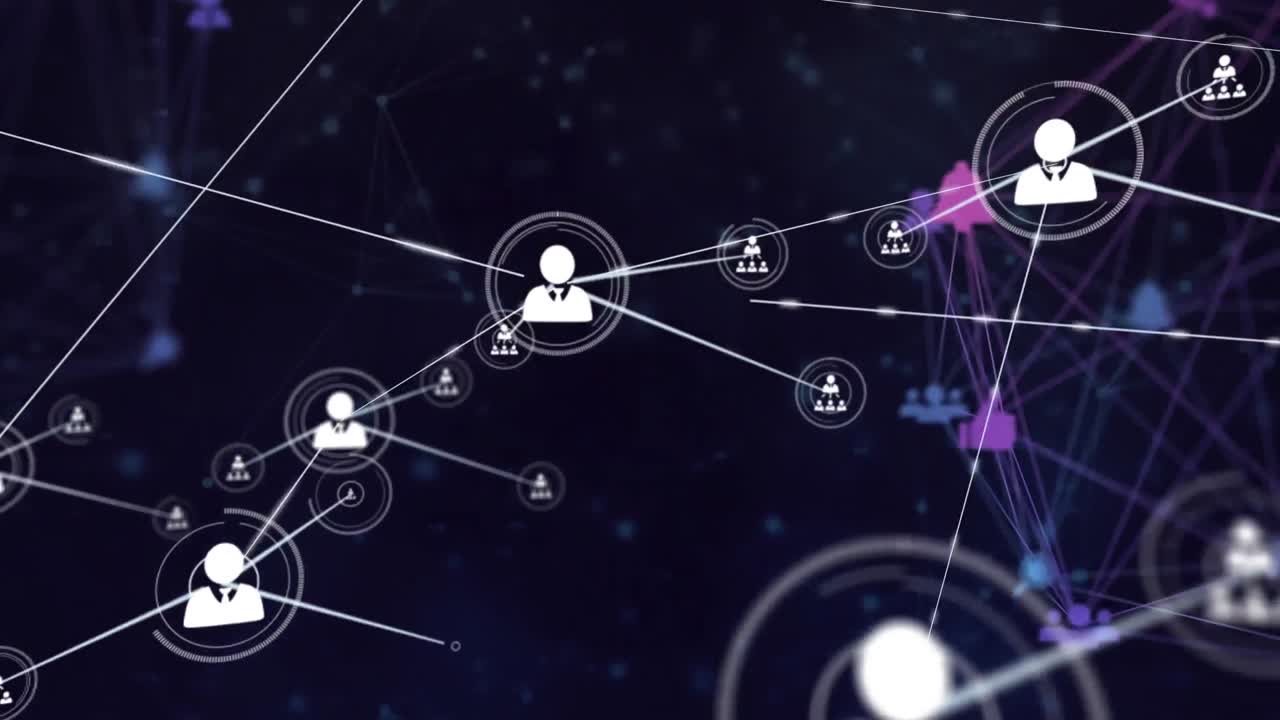 Animation of data processing and network of connections with icons
