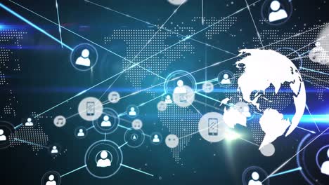 animation of network of profile and digital icons over world map and spinning globe