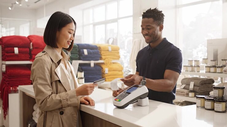 A customer making a payment at a retail store, interacting with a cashier while surrounded by colorful towels and home goods, showcasing a pleasant shopping experience.