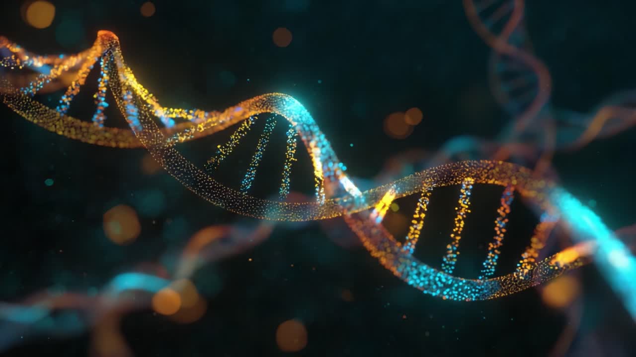 Beautiful abstract background showing a rotating DNA strand made of glowing blue and orange particles, representing genetic engineering, medical research, and futuristic biotechnology innovation