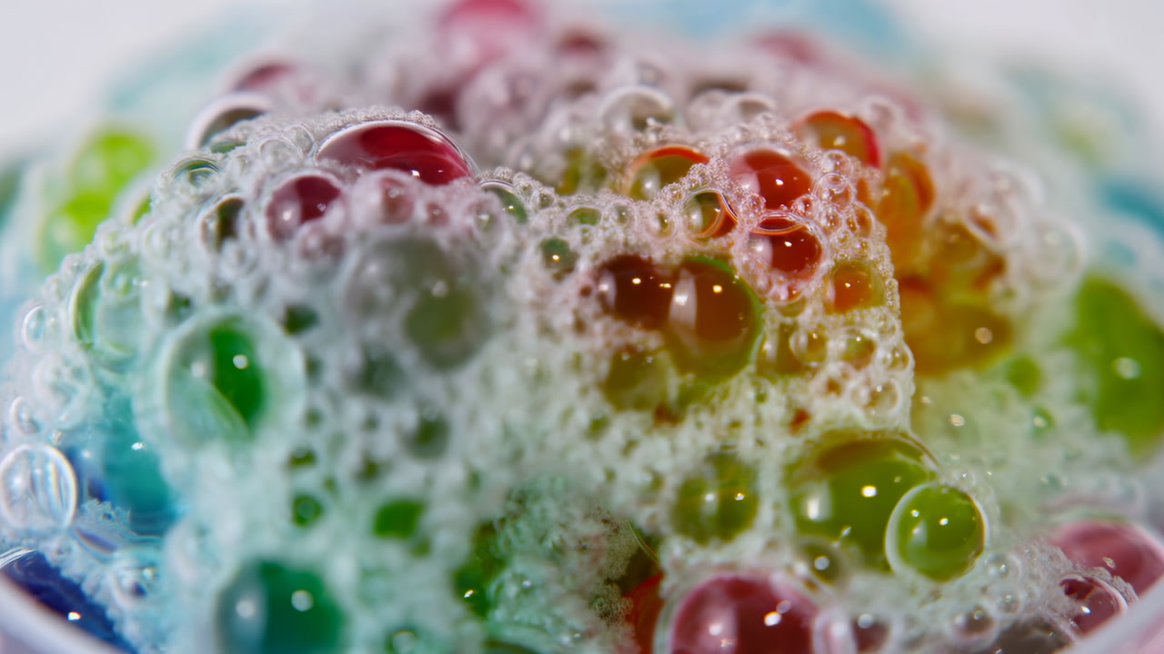 Closeup Colorful Foam And Water Beads, Soap Bubbles Pooling Among Translucent Marbles, Iridescent Highlights