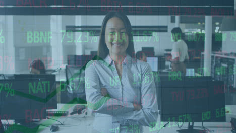 Animation-of-stock-market-data-processing-against-portrait-of-asian-businesswoman-smiling-at-office