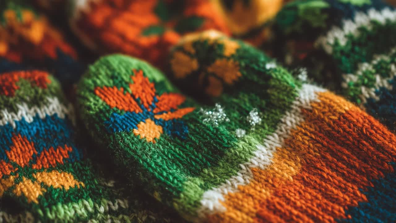 Vibrant and Colorful Knitted Mittens with Floral Patterns in a Cozy Winter Setting, Perfect for Keeping Hands Warm in Cold Weather