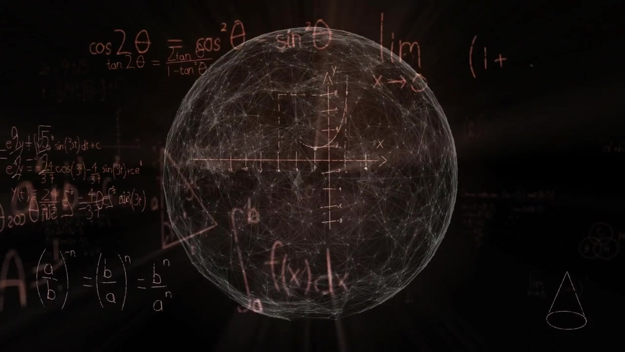 Sfera interconnessa che si materializza e ruota, con formule matematiche che si animano intorno, illustrando concetti matematici.