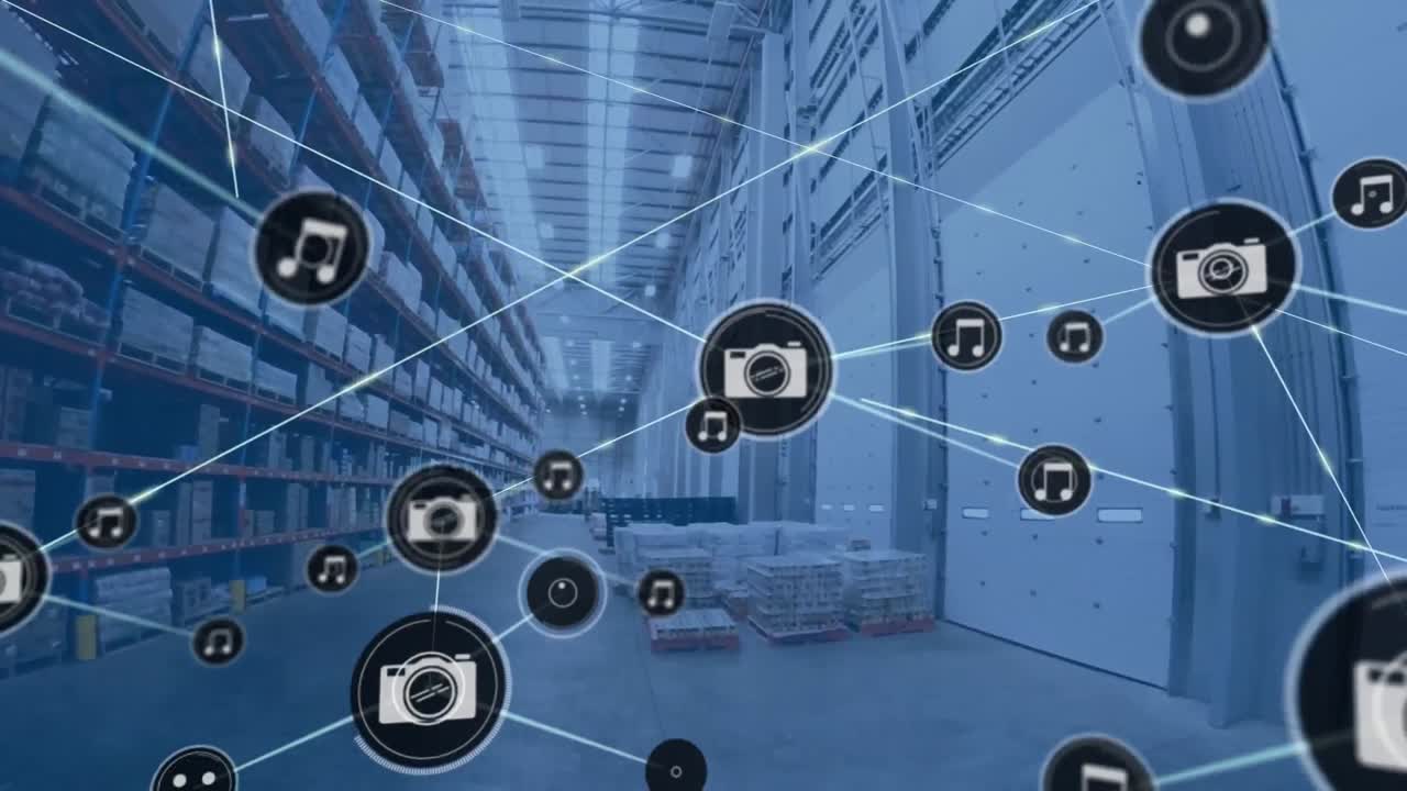 빈 창고 위에 아이콘으로 연결된 네트워크의 애니메이션