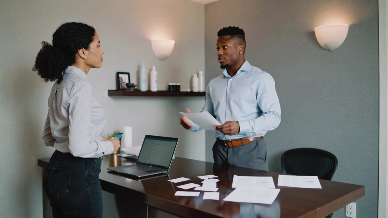 Starting meeting coworkers fanning cards and reading papers in office with laptop wearing shirts