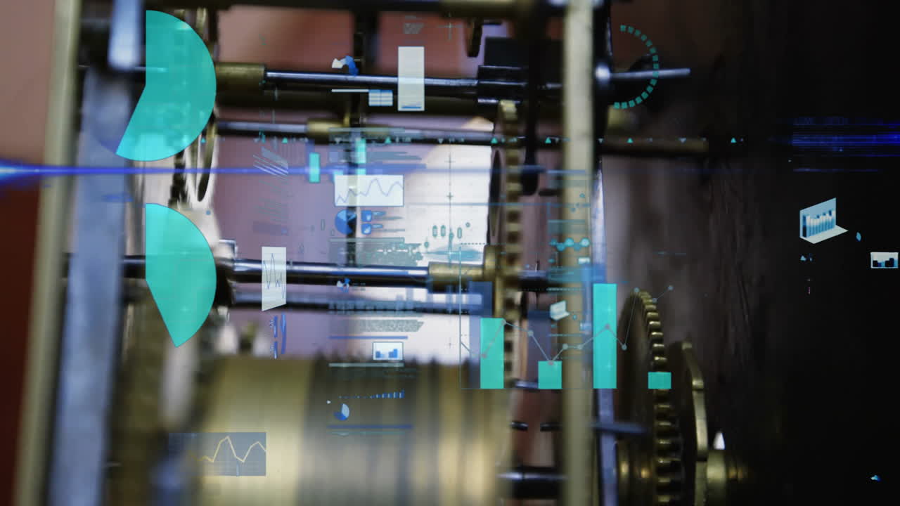 Gear assembly merging with transparent charts and data panels showing brass cogs in 3D render