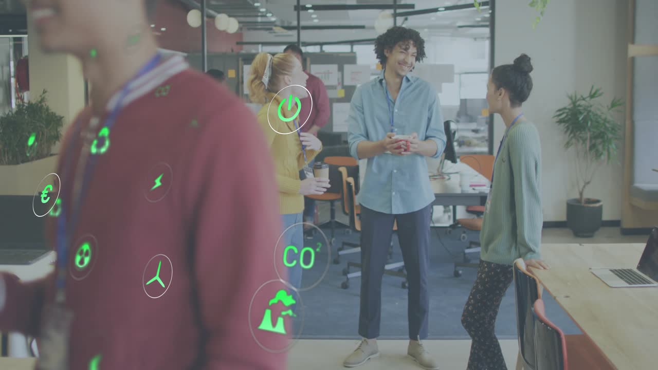 Colleagues greeting and laughing, illustrating sustainability with green icons drifting around trio