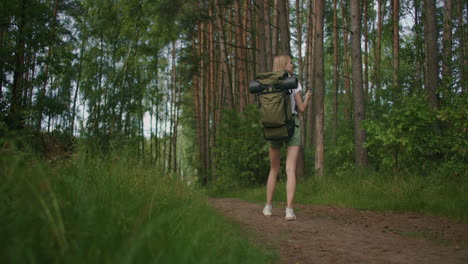 view from the back mobile phone in the hands of a female traveler with a backpack walking through the forest. social networks navigator and messenger. use your mobile phone for a walk in the woods