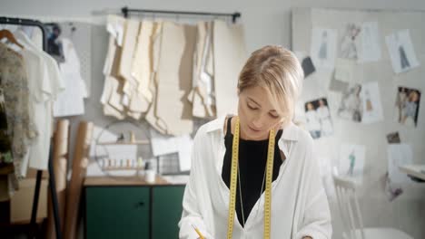 Woman-Tailor-Sitting-At-The-Table-Taking-Notes-And-Smiling-To-Camera