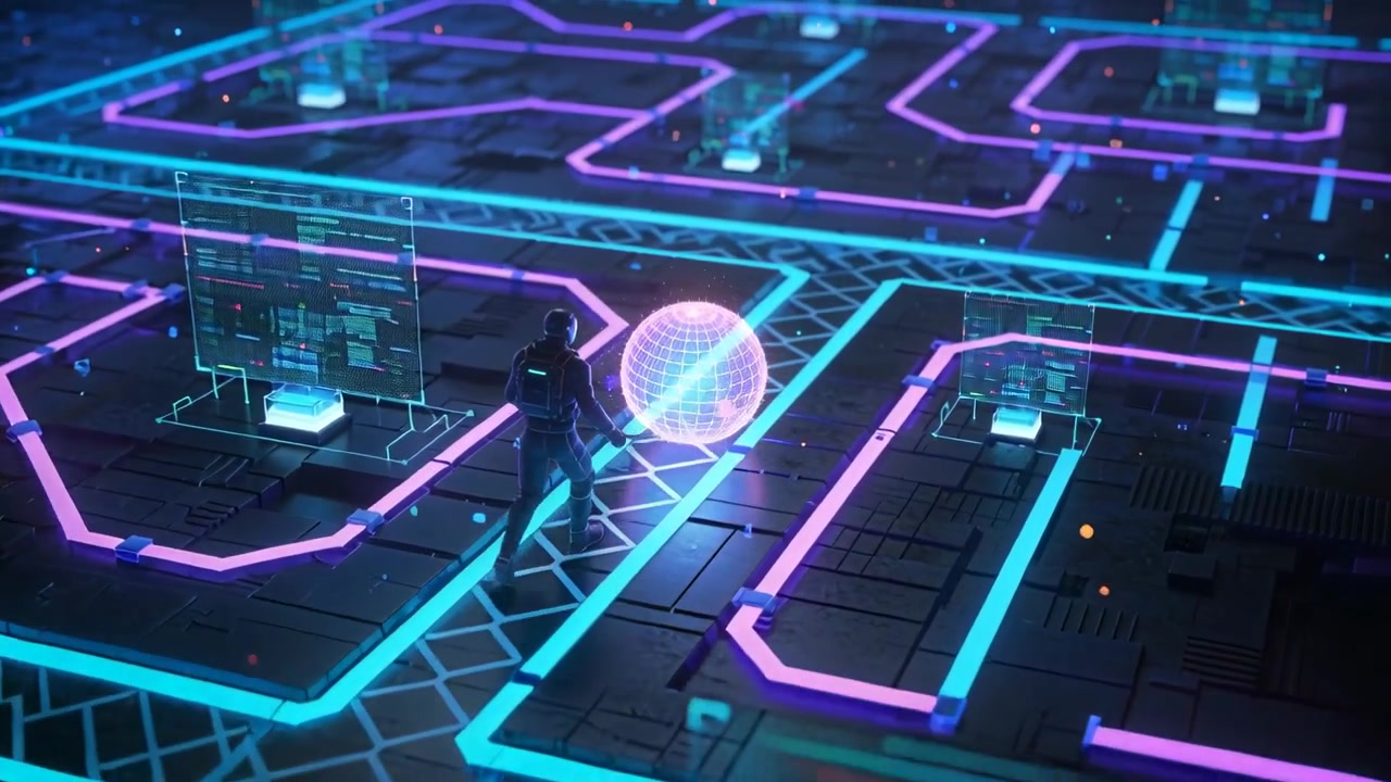 Avatar che cammina in tuta luminosa si avvicina a una sfera di dati pulsante su un circuito al neon, protendendosi per accedere al nodo.