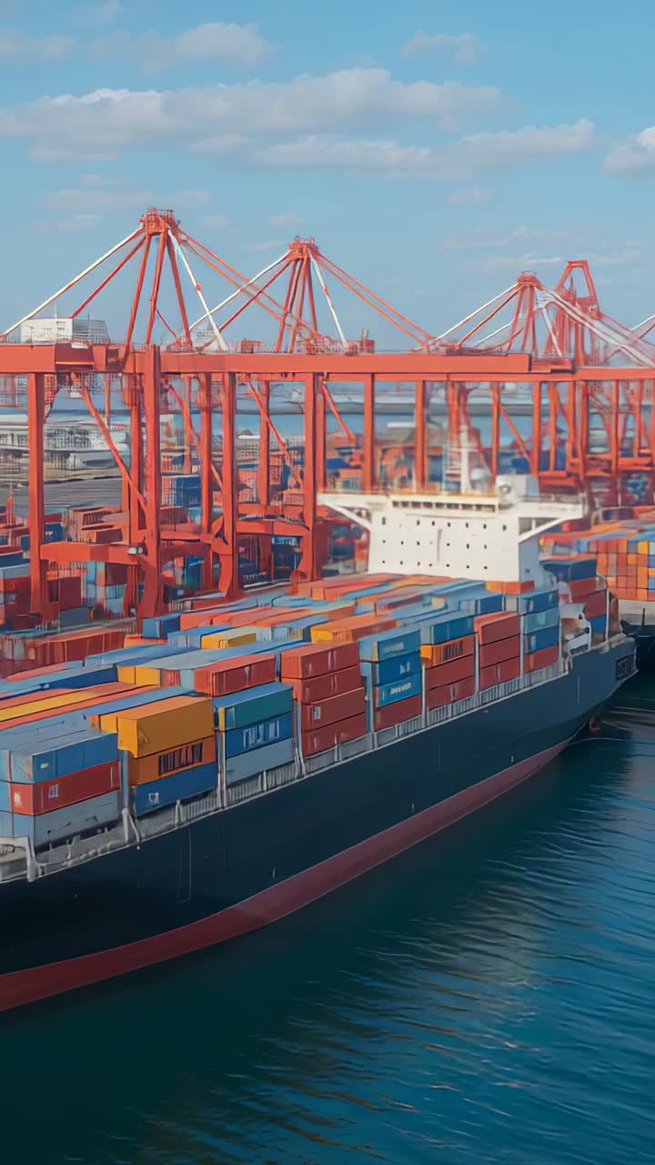 Lodret video: Tracking af containerskib, der bevæger sig langs kajen med containere og røde kraner