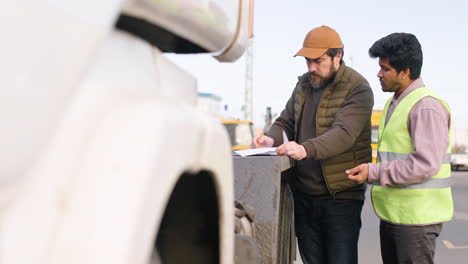 boss and worker organizing a truck fleet in a logistics park while they consulting a document 3